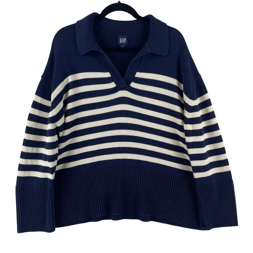 Gap Womens 24/7 Split-Hem Polo Sweater L Navy White Striped OversizedPreppy